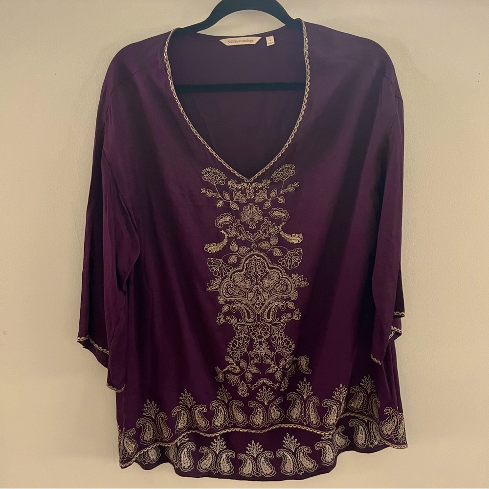 Soft Surroundings Women's Purple Embroidered Tunic Top Size Small